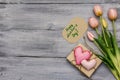 Greetings card for Happy Mothers Day. Gentle pink tulip, handmade felt heart, zero waste packaging gift Royalty Free Stock Photo