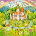 The greetings card with vibrant whimsical castle. Generative AI