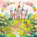 The greetings card with vibrant whimsical castle. Generative AI