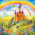 The greetings card with vibrant whimsical castle. Generative AI