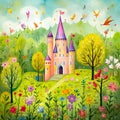 The greetings card with vibrant whimsical castle. Generative AI