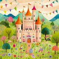 The greetings card with vibrant whimsical castle. Generative AI