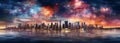 celebrate Happy new year fireworks sky and skyline with Panoramic cityscape Royalty Free Stock Photo