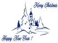 Greetings: Christmas church in the mountain, love and peace with gifts Royalty Free Stock Photo