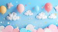 Greetings, congratulations, and a happy birthday sign with a sky, cloud, and balloons background. 3D paper cut sign Royalty Free Stock Photo