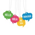 Greetings in different languages hanging tags isolated on white background Royalty Free Stock Photo