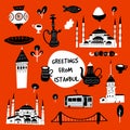 Greetings from Istanbul. Funny vector illustration of Istanbul attractions and landmarks. Royalty Free Stock Photo