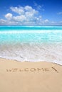 Greetings welcome beach spell written on sand