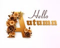 Greetung tect Hallo Autumn decorated with paper flowers. Generative AI.