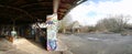 GREIFSWALD, GERMANY - FEBRUARY 29 2016 : Panoramic view of the entrance of abandoned building with graffiti Royalty Free Stock Photo