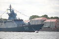 Russian corvette Gremyashchiy at Universitetskaya embankment on a sunny day. Saint-Petersburg, Russia