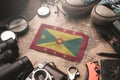 Grenada Flag Between Traveler`s Accessories on Old Vintage Map. Tourist Destination Concept