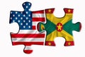Grenada flag and United States of America flag on two puzzle pieces on white isolated background. The concept of political