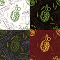 Hand grenade with ammo and guns on urbanistic camouflage background, vector seamless patterns set