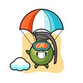 Grenade mascot cartoon is skydiving with happy gesture