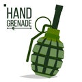 Grenade Vector. Big Bang. Green Classic Hand Grenade Bomb. Army Object. Battle Explosion. Artillery Military Design