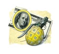 Grenade weapons pineapple F1 on the background of a note 100 US dollars, forming a symbolic sign