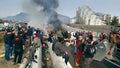 GRENOBLE, FRANCE - JANUARY 26, 2024. Protestors, the French farmers on a blocked highway with burning tyres as a