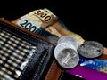 These are photos of wallets, banknotes and coins Royalty Free Stock Photo