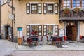 Gressoney-Saint-Jean, Italy. View of the outside tables of a restaurant in Piazza Umberto I.