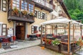 Gressoney-Saint-Jean, Italy. View of the outside tables of a restaurant in Piazza Umberto I.