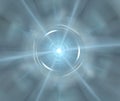 Grey abstract background with turquoise star or explosion texture. Blue model of Dyson sphere with halo, in the center, fractal p