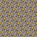 Grey abstract vintage citrus slices seamless doodle pattern. Yellow background. Hand drawn tasty backdrop