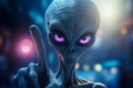 A grey alien character pointing its finger, evoking themes of UFO sightings, Area 51. Blurred bokeh background