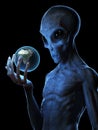 A grey alien holding the earth