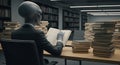 Grey alien reading book indoors in a library during the day AI Generated Royalty Free Stock Photo