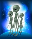 Grey aliens. Three greens aliens on the background space glowing sky. Vector. Royalty Free Stock Photo