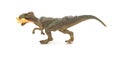 Grey allosaurus toy catching a smaller disonaur on white