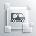 Grey Ambulance and emergency car icon isolated on grey background. Ambulance vehicle medical evacuation. Square glass