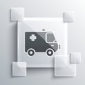 Grey Ambulance and emergency car icon isolated on grey background. Ambulance vehicle medical evacuation. Square glass