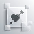 Grey Amour symbol with heart and arrow icon isolated on grey background. Love sign. Valentines symbol. Square glass