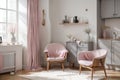 Grey armchair next to a wooden cupboard with dark vase in spacious, pink living room interior Royalty Free Stock Photo