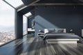 Grey attic bedroom interior with bathroom Royalty Free Stock Photo