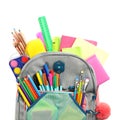 Grey backpack with different school stationery on white background, top view Royalty Free Stock Photo