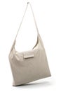grey bag made of coarse fabric on a white background