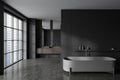 Grey bathroom interior with bathtub and washbasin, panoramic window. Empty wall Royalty Free Stock Photo