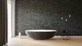 Grey bathroom interior with decorative objects, wooden floor and abstract bathtub. 3D-Illustration