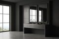 Grey bathroom interior with double sink, mirror and panoramic window Royalty Free Stock Photo