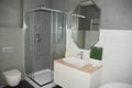 Grey bathroom interior with shower stall with glass walls, mirror bath sink, fauset, wc. Bathroom interior