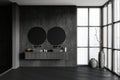 Grey bathroom interior with two washbasins and douche, panoramic window Royalty Free Stock Photo