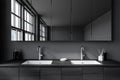 Grey bathroom interior with washbasins and mirror, accessories and window