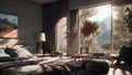 Grey Bedroom With Buttoned Bed. Luxury Lamps And Stool. Generative AI