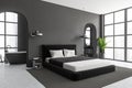 Grey bedroom interior with bathroom and panoramic window. Mockup wall Royalty Free Stock Photo