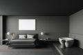 Grey bedroom interior with bathtub and poster Royalty Free Stock Photo