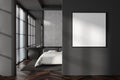 Grey bedroom interior with bed and dresser, panoramic window. Mockup frame