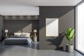 Grey bedroom interior with bed and linens near window, mockup poster Royalty Free Stock Photo